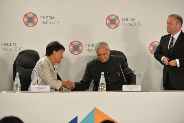 (from left-right) Patricia Scotland, Kamalesh Sharma and Joseph Muscat