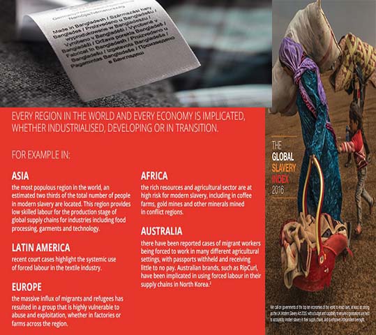 Made in Bangldesh label, report cover on Global Slavery, text from report