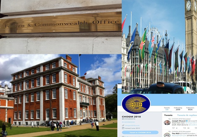 montage of Commonwealth HQ, FCO, CHOGM 2018 Twitter feed and Commonwealth flags