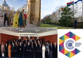 (clockwise:) The Queen at Westminster Abbey 2017, Commonwealth Flags for 2018, the 2018 Commonwealth logo and CHOGM 1997 leaders photo