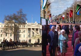 Arrival at Buckingham Palace, flags on The Mall, the Queen and Prince Charles