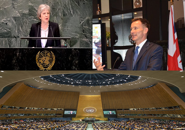 Clockwise: Theresa May at General Assembly, Jeremy Hunt at UN Commonwealth reception and General Assembly