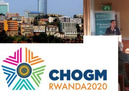 Kigali, Rwanda's Hgh Commissioner to the UK and the CHOGM 2020 logo