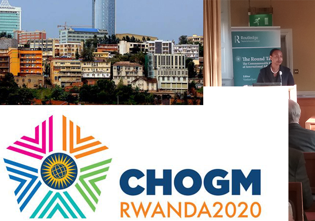 Kigali, Rwanda's Hgh Commissioner to the UK and the CHOGM 2020 logo