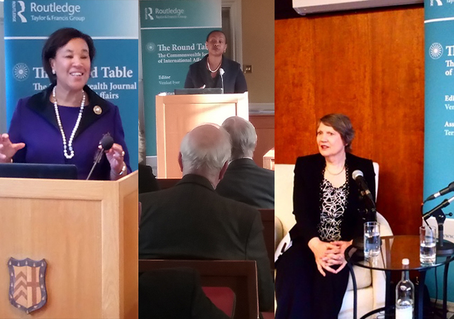 (l-r) Commonwealth Secretary General Rt Hon Patricia Scotland and Rawnada's High Commissioner H.E. Yamina Claris Karitanyi at the January conference and Helen Clark at the April event