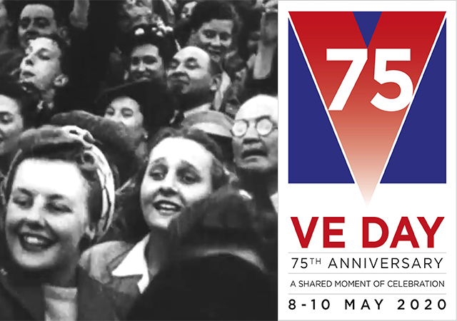 People celebrating in 1945 and VE Day 75 logo