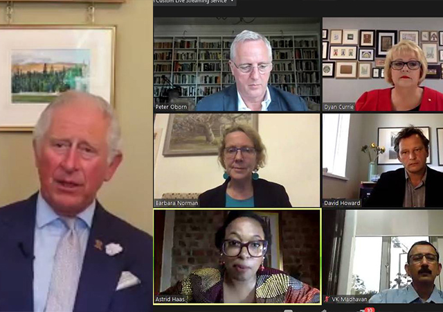 Main photo: HRH Prince Charles. Panel: Peter Oborn, Dyan Currie, Prof Barbara Norman, Dr David Howard, Astrid Haas,, VK Madhavan .