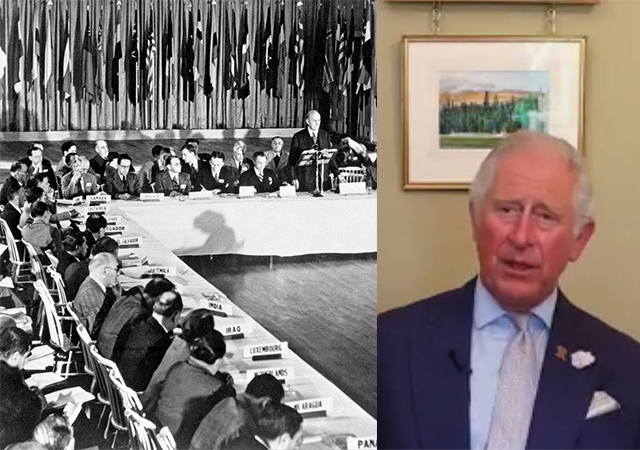 Bretton Woods 1944 arhive photo and Prince Charles in June 2020