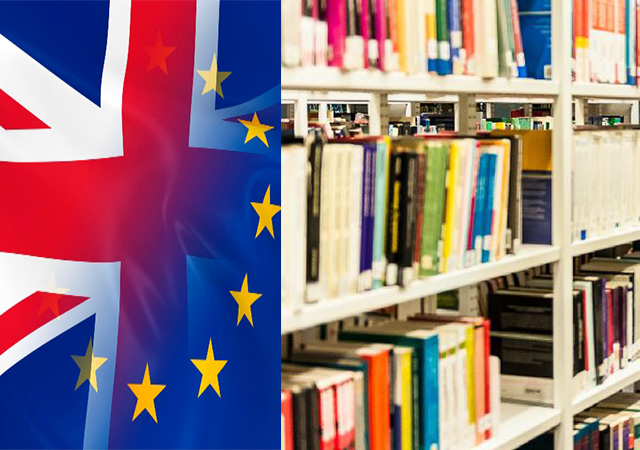 Brexit logo and University of Surrey library shelves