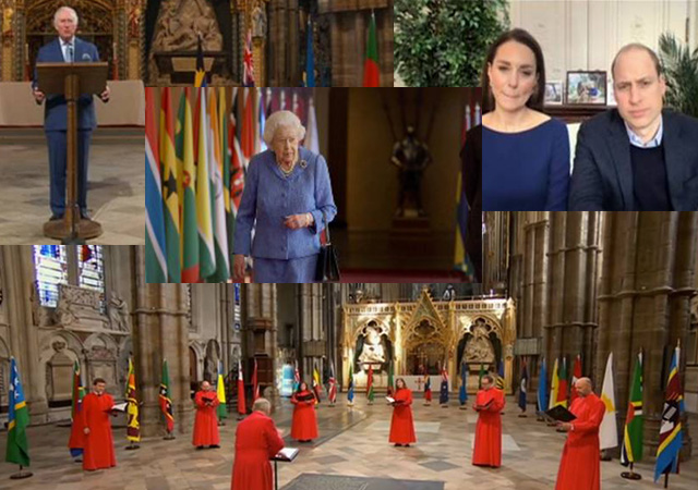 The Queen at Windsor Castle and members of the royal family, clergy in BBC Commonwealth day commemoration programme