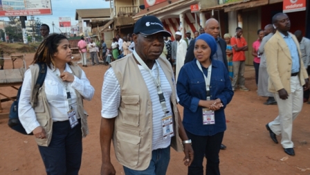 Olusegun Obasanjo, Chair of Commonwealth Observer Group observes polling stations in Uganda in 2016