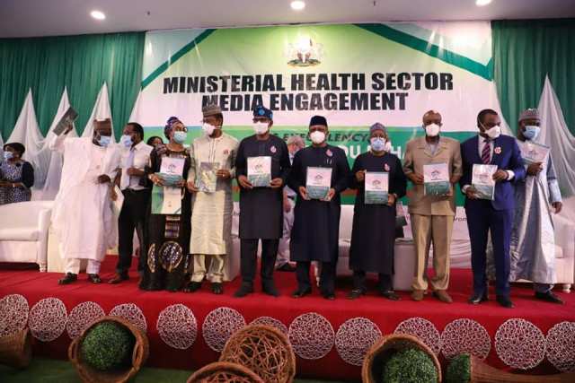 officials at a Nigerian Health Ministry media event