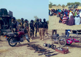 Nigerian army with seized weapons and rescued captives