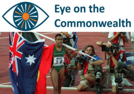 Cathy Freeman with the Australian and Aboriginal flags in 1994