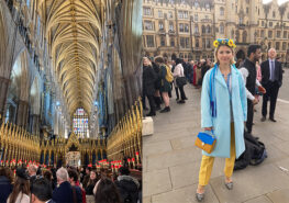 view from inside Westminster Abbey and a Ukranian woman wears her country's colours for the service