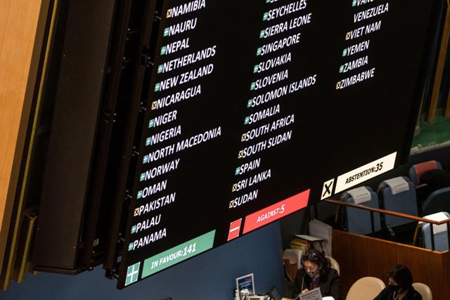 Members of United Nations votes displayed on the big screen at the Emergency session of the UN General Assembly. 141 members of UN voted for the resolution to condemn Russia’s invasion of Ukraine, 35 members abstained and five voted against the resolution