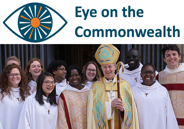 The Archbishop of Canterbury Justin Welby poses for a photograph with members of the Community of Saint Anselm as he leaves the Easter Sung Eucharist at Canterbury Cathedral in Kent.