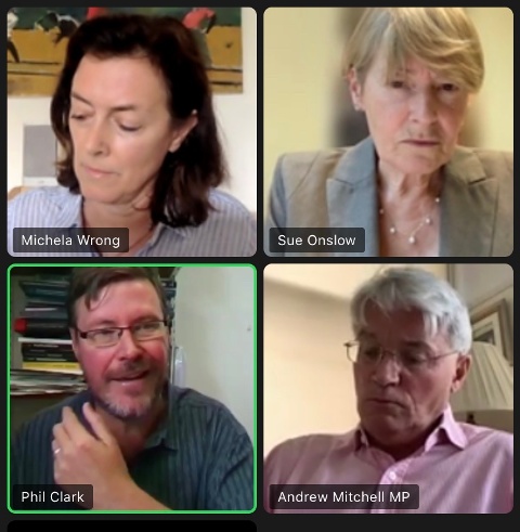 Micahela Wrong, Sue Onslow, Andrew Mitchell and Phil Clark on Zoom