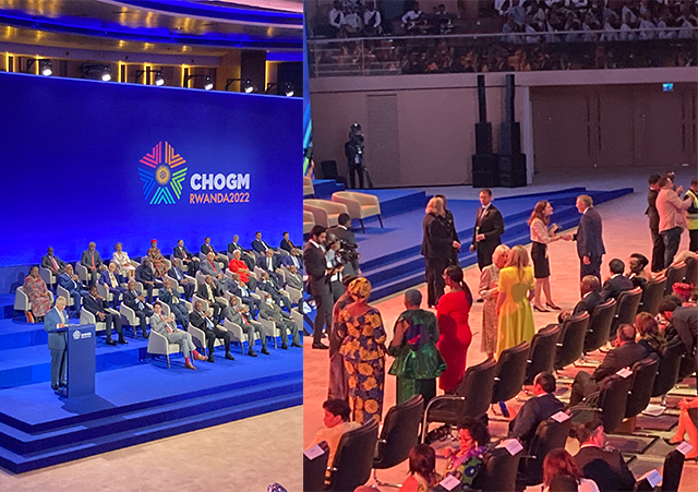 Prince Charles at the podium and delegates mingling after the opening ceremony