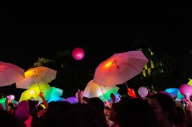 multi-coloured umbrellas at Pink Dot festival 2017 at Lim Park, Singapore