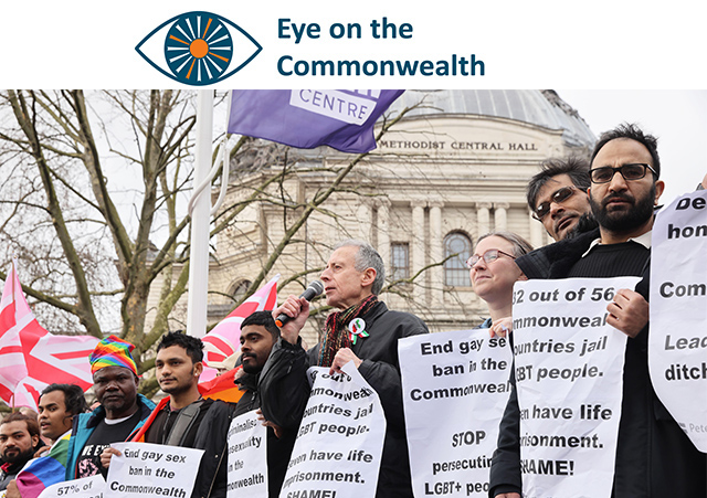 Peter Tatchell leads a protest outside Westminster Abbey against violation of LGBT+ rights in the Commonwealth