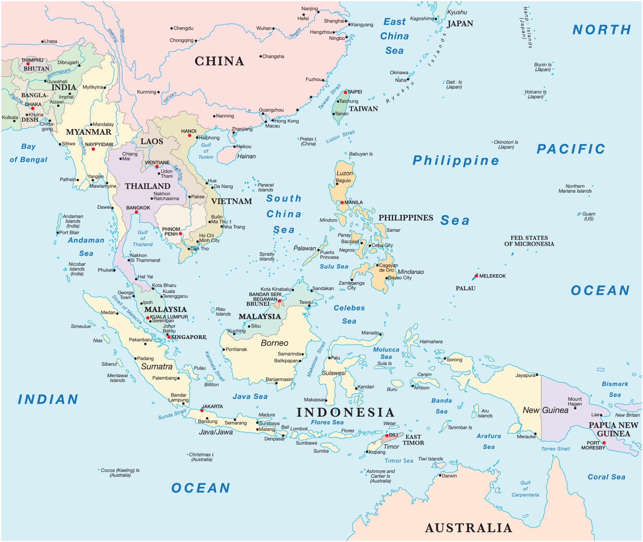 New world order in the Indo-Pacific: challenges and prospects for India. Vector map of the states of south-east Asia
