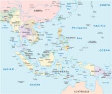 The Malacca Strait: Contest between China and India: vector map of the states of southeast Asia