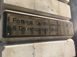 Lord Bruce on UK international aid and development and the Commonwealth. Photo shows FCDO name plate [photo: Debbe Rasome]