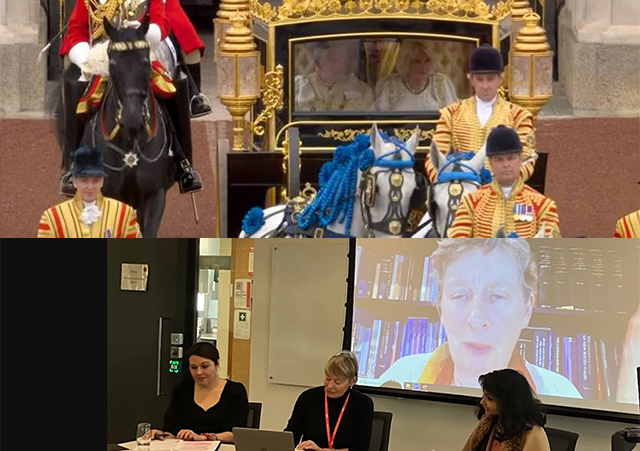 Top: TV picture of King Charles and Queen Camilla in the Coronation coach. Bottom: 12 December panel session including Sarah Lingard, Prof Sue Onslow, HE Saida Muna Tasneem and Prof Anne Twomey on the screen.