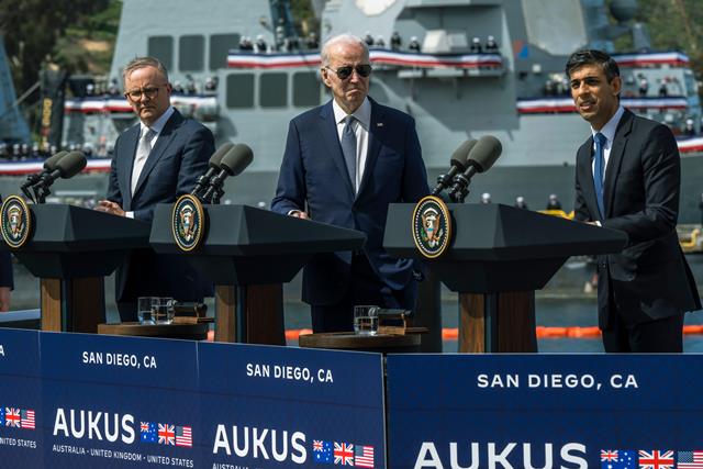 AUKUS: a Commonwealth perspective, Photo shows US President Joe Biden, British Prime Minister Rishi Sunak and Australian Prime Minister Anthony Albanese after a trilateral meeting at Naval Base Point Loma in San Diego, California.
