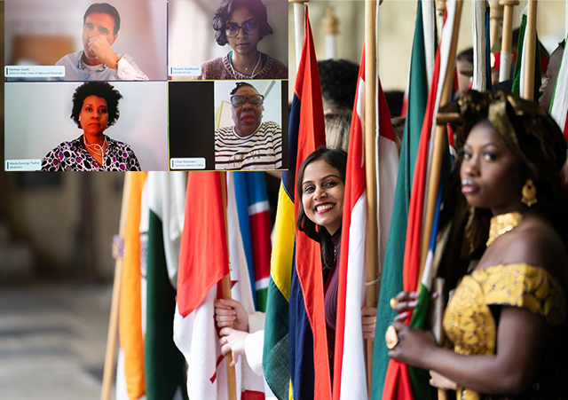 Commonwealth Week 2024: A resilient, slimmed-down affair. Photo shows Commonwealth Day flagbearers and Zoom panel at a Foundation webinar.