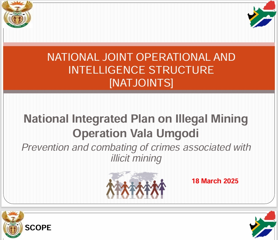 Research Article – The underground and the disappeared: understanding the siege on informal gold mining in South Africa. photo shows front cover of Parliamentary Monitoring Group and National Integrated Joint National Joint Operational and Intelligence Structure report