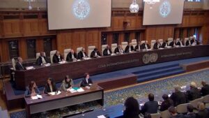 Opinion South Africa v Israel: South Africa’s case at the International Court of Justice. photo shows ICJ courtroom in 2024