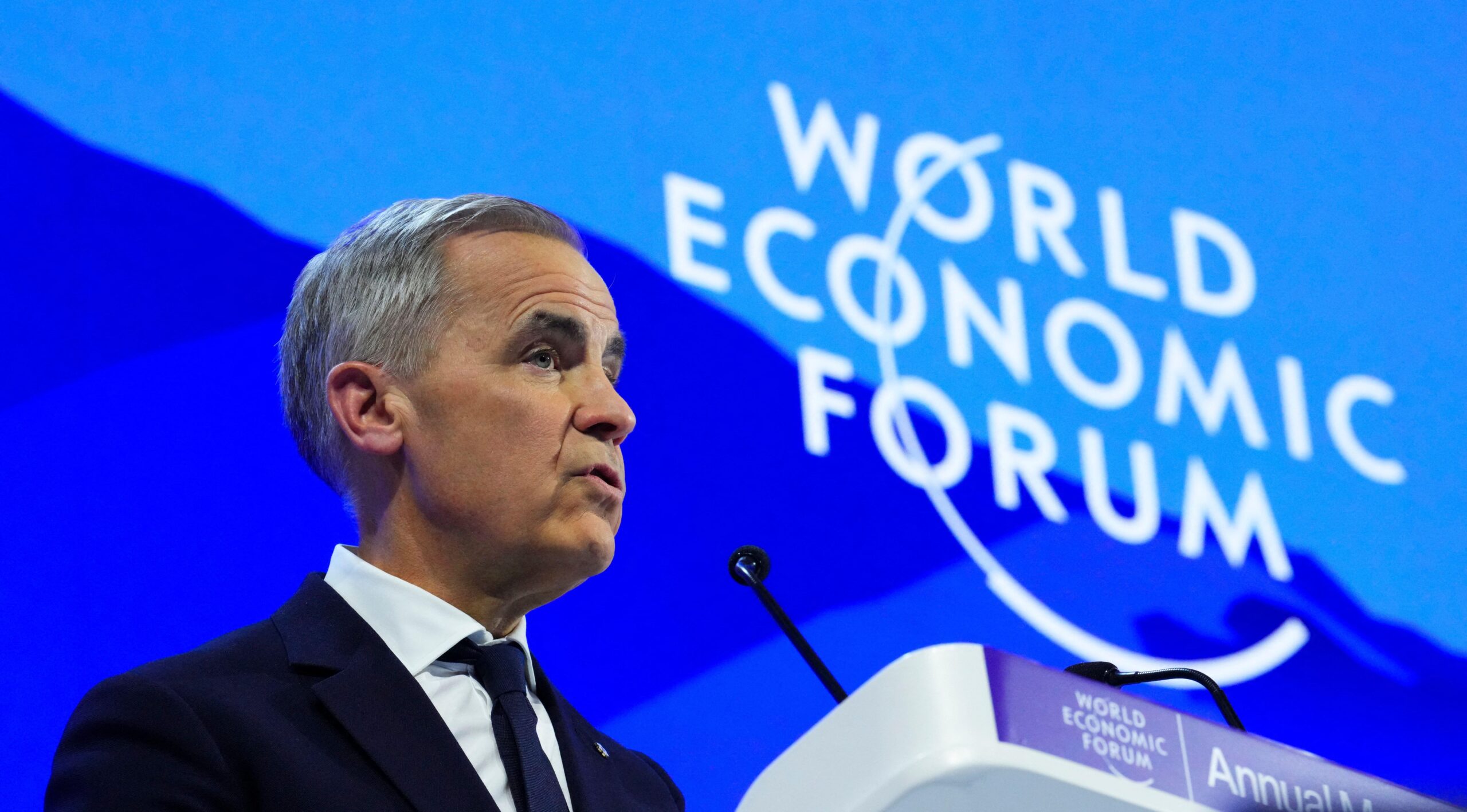 Mark Carney invoked Thucydides at Davos – what people get wrong about this ancient Greek writer’s take on power. photo shows Mark Carney delivering speech at Davos