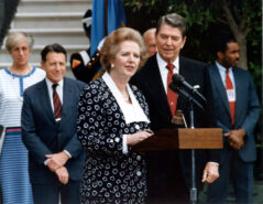 Research Article - When the ally hesitates: No.10‘s communications strategy to persuade the United States during the Falklands conflict. photo shows British Prime Minister Margaret Thatcher delivers remarks on the South Lawn of the White House after meeting with former U.S. President Ronald Reagan in June 1987 in Washington. At left is Secretary of Defence Caspar Weinberger.