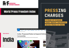 Commonwealth shadows: Journalists navigating report and reprisal in India. picture shows covers of HRW, RSF and National Law University Delhi reports.