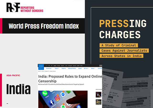 Commonwealth shadows: Journalists navigating report and reprisal in India. picture shows covers of HRW, RSF and National Law University Delhi reports.